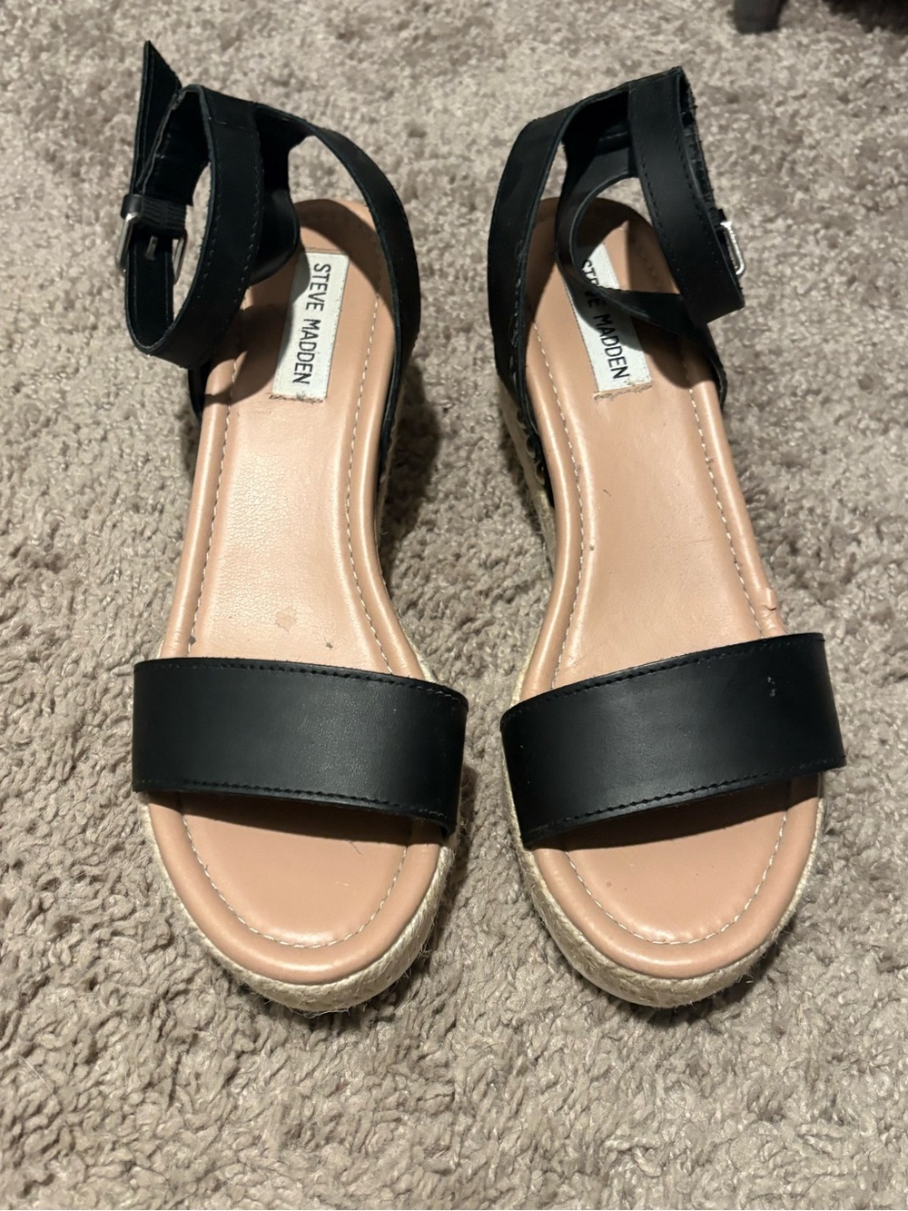Steve Madden Black Ankle-Strap Espadrille Wedge Sandals